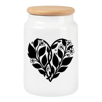 Heart with Flower Vine - Silhouette - Cookie Jar with Wooden Lid - white - Front