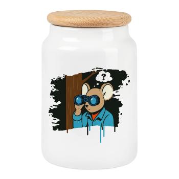 Souris curieuse avec des jumelles dans un style bande dessinée - Boîte à biscuits avec couvercle en bois - blanc - Devant