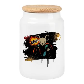 Motif de bande dessinée d’action de super-héros souris BAM - Boîte à biscuits avec couvercle en bois - blanc - Devant