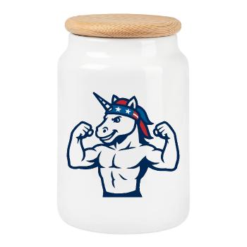 Patriotic Unicorn Gym Maskottchen Power Flex - Keksdose mit Holzdeckel - Weiß - Vorne