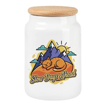 Sleeping cat over Bergen - Cookie Jar with Wooden Lid - white - Front