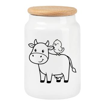 Cute Cow with Bird Friendship - Cookie Jar with Wooden Lid - white - Front