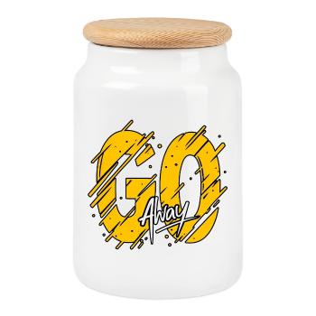 Affiche grunge typographique GO Away – Tex jaune en gras - Boîte à biscuits avec couvercle en bois - blanc - Devant