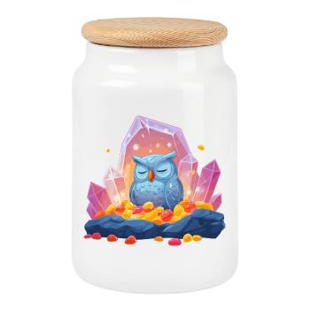 Meditating Owl Crystal Cave - Cookie Jar with Wooden Lid - white - Front