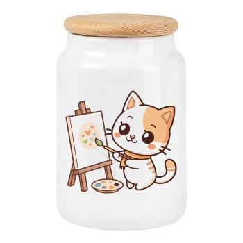 Kawaii Painter Cat on Pastel Palette - Cookie Jar with Wooden Lid - white - Front