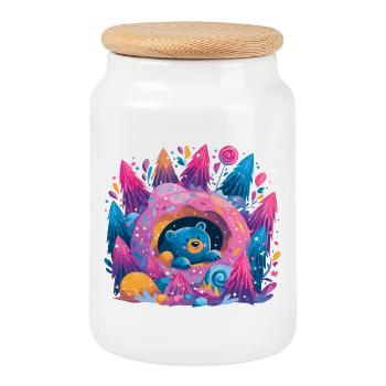 Ours dans Donut Dream Forêt de néons - Boîte à biscuits avec couvercle en bois - blanc - Devant