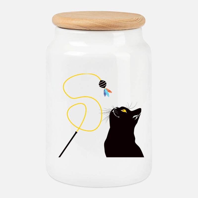 Katze mit Spielzeugangel - Keksdose mit Holzdeckel - Weiß