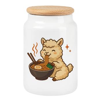 Alpaca with noodles ramen kawaii alpaca - Cookie Jar with Wooden Lid - white - Front