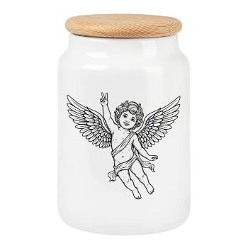 Ange de la Paix Joyeuse avec Signe de la Paix - Boîte à biscuits avec couvercle en bois - blanc - Devant