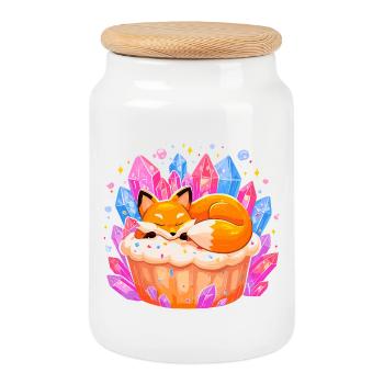 Schlafender Fuchs im Kristallcupcake - Keksdose mit Holzdeckel - Weiß - Vorne