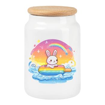 Little bunny surfs rainbow sea - Cookie Jar with Wooden Lid - white - Front
