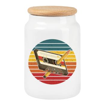 Vintage-Kassetten-Retro 90er, 80er, 70er, 60er, Musik - Keksdose mit Holzdeckel - Weiß - Vorne