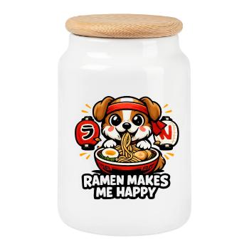 Le ramen me rend heureux, chien - Boîte à biscuits avec couvercle en bois - blanc - Devant