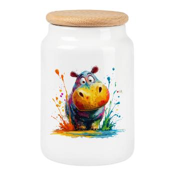 Bunter Hippo Splash - Keksdose mit Holzdeckel - Weiß - Vorne