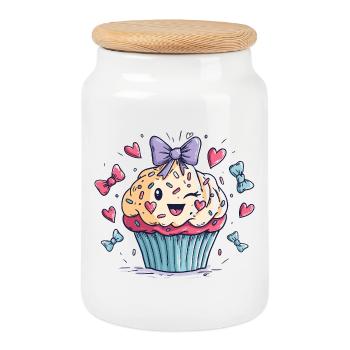Kawaii Cupcake Herz-Bow - Keksdose mit Holzdeckel - Weiß - Vorne