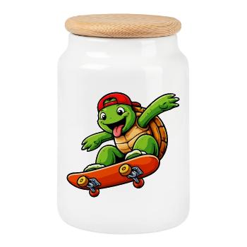 Skateboarding Turtle Mascot Cartoon - Cookie Jar with Wooden Lid - white - Front