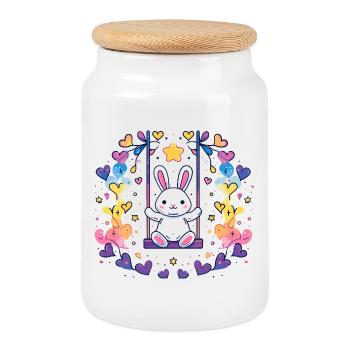 Design joyeux de balançoire de lapin - Boîte à biscuits avec couvercle en bois - blanc - Devant