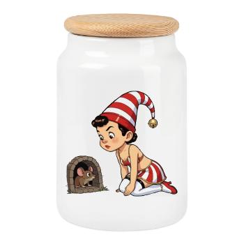 Leprechaun girl at mouse hole - Cookie Jar with Wooden Lid - white - Front