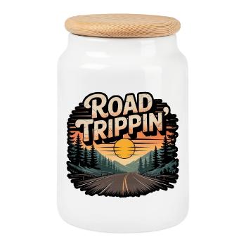 Road Trippin Retro Vintage Sunset Adventure - Cookie Jar with Wooden Lid - white - Front
