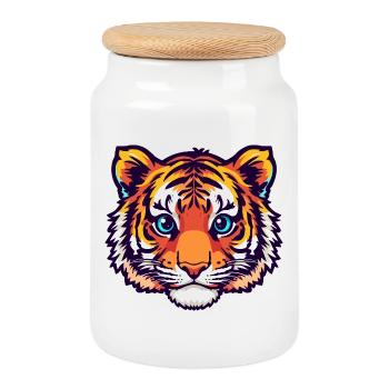 Bunter Tigerkopf Illustration - Keksdose mit Holzdeckel - Weiß - Vorne