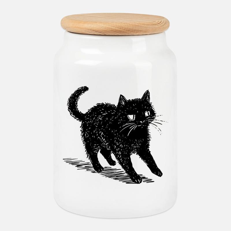 Gribouillis de chat noir décalé – Ambiance mignonne et inquiétante - Boîte à biscuits avec couvercle en bois - blanc
