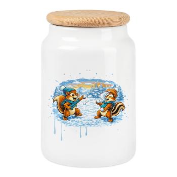 Lustige Schneeballschlacht mit Streifenhörnchen  - Keksdose mit Holzdeckel - Weiß - Vorne
