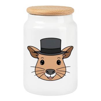 Capybara with Top Hat Cartoon - Cookie Jar with Wooden Lid - white - Front
