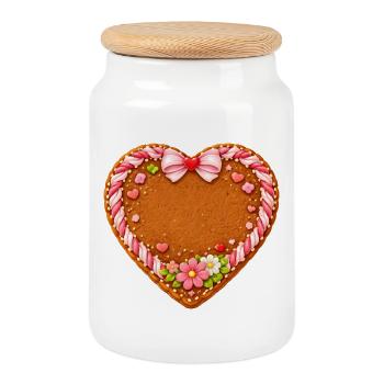Motif de cœur en pain d’épices pour l’auto-étiquetage - Boîte à biscuits avec couvercle en bois - blanc - Devant
