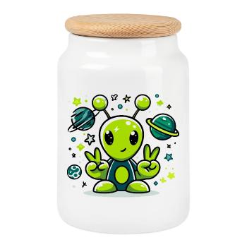 Extraterrestre vert dans l’espace - Boîte à biscuits avec couvercle en bois - blanc - Devant