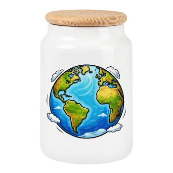 Earth Planet - Cookie Jar with Wooden Lid - white - Front