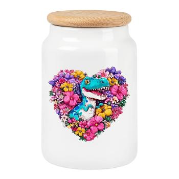 Dino Flower Heart - Cookie Jar with Wooden Lid - white - Front