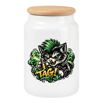 Graffiti agressif de chat - Boîte à biscuits avec couvercle en bois - blanc - Devant