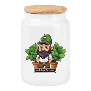 Green Gardener Gnome Comic - Cookie Jar with Wooden Lid - white - Front