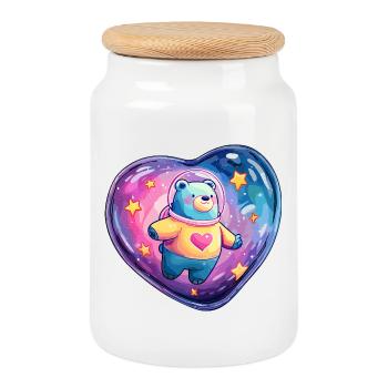 Heart Planet Bear in Spacesuit - Cookie Jar with Wooden Lid - white - Front