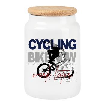 Cycling Now – Work Later - Cookie Jar with Wooden Lid - white - Front