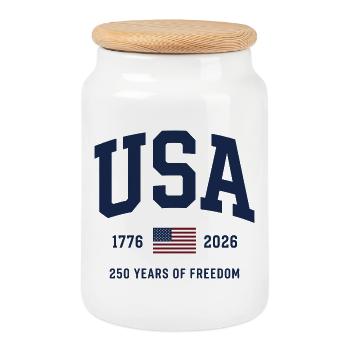USA 250 Jahre Freiheit 1776–2026 Jubiläum - Keksdose mit Holzdeckel - Weiß - Vorne