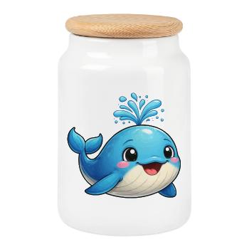 Petite baleine bleue avec des étincelles d’eau - Boîte à biscuits avec couvercle en bois - blanc - Devant