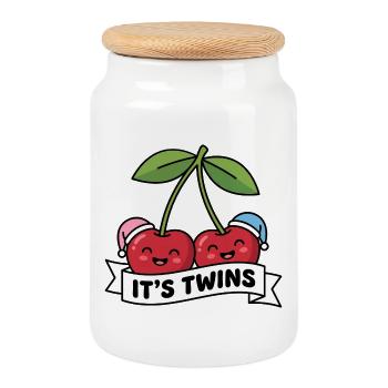 Cherries Twins It is Twins Baby Announcement - Cookie Jar with Wooden Lid - white - Front