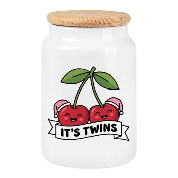 Deux Filles Jumelles It is Twins Annonce - Boîte à biscuits avec couvercle en bois - blanc - Devant