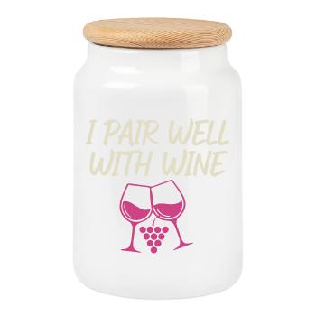 I Pair Well With Wine – Wine Glass Motif - Cookie Jar with Wooden Lid - white - Front