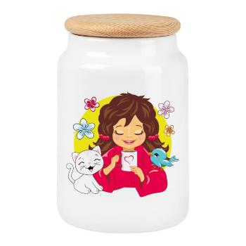 Smiling_girl_is_drinking_coffee_in_the_company - Keksdose mit Holzdeckel - Weiß - Vorne