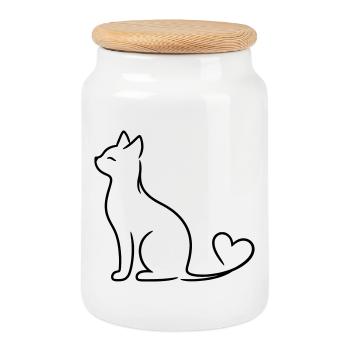 Elegant Cat with Heart Tail | Minimal Love Line Ar - Cookie Jar with Wooden Lid - white - Front