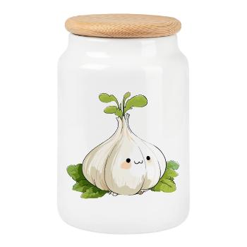 Kawaii Knoblauchknolle Mascot - Keksdose mit Holzdeckel - Weiß - Vorne