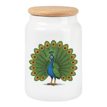 Peacock Colourful Crest - Cookie Jar with Wooden Lid - white - Front