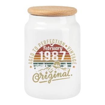 Février 1987 - Boîte à biscuits avec couvercle en bois - blanc - Devant