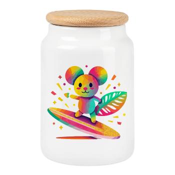 Ours colorés surfant sur une planche de surf - Boîte à biscuits avec couvercle en bois - blanc - Devant