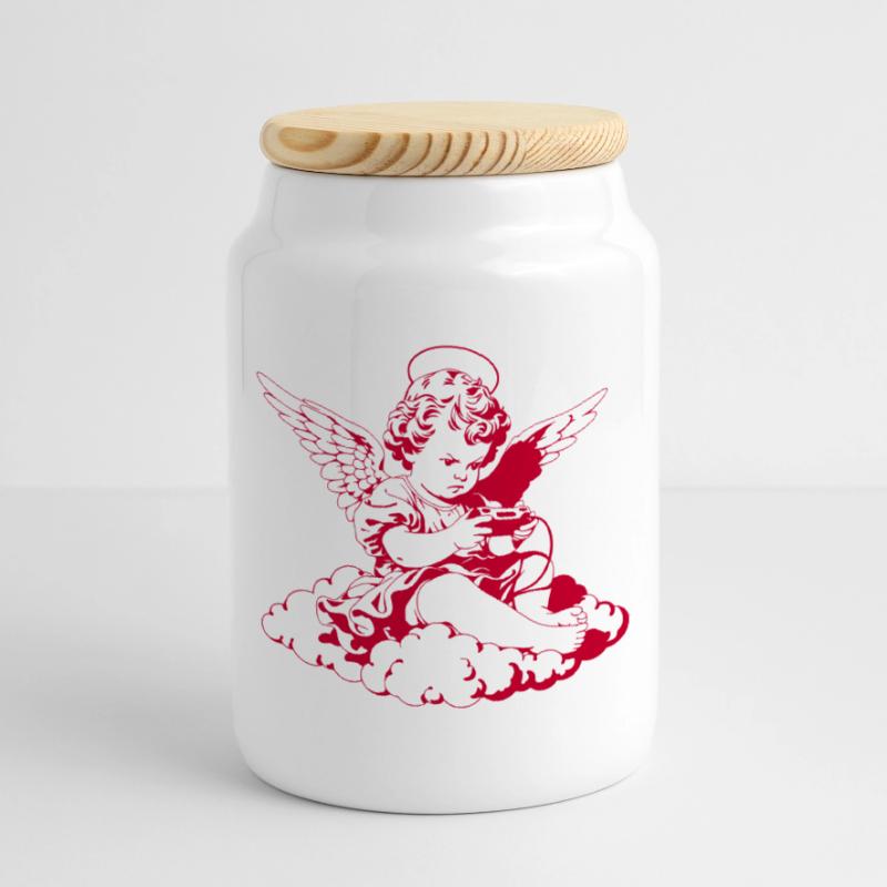 Gaming Engel – Cherub mit Controller Keksdose mit Holzdeckel