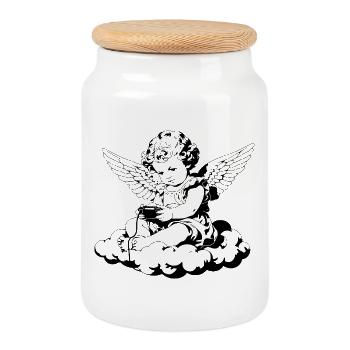Chérubin du jeu – Ange vintage sur le nuage - Boîte à biscuits avec couvercle en bois - blanc - Devant