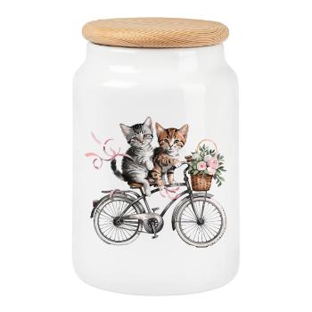 Des chatons mignons sur le vélo avec un panier de fleurs - Boîte à biscuits avec couvercle en bois - blanc - Devant