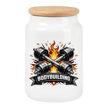 Crossed heavy dumbbells with lettering - Cookie Jar with Wooden Lid - white - Front